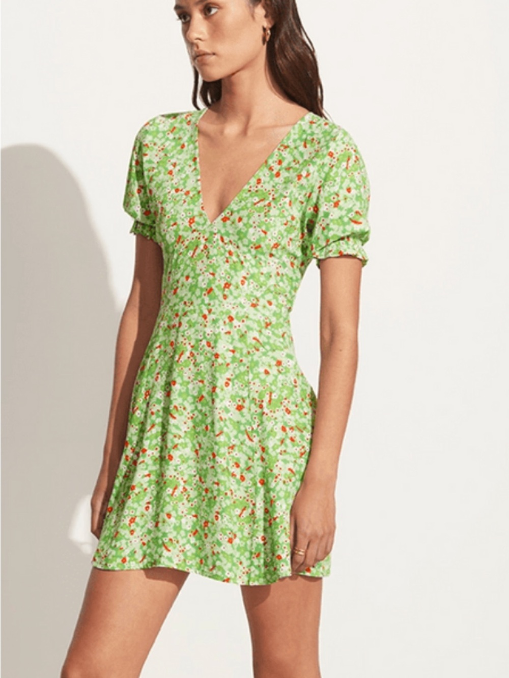 Faithfull the Brand Green Floral V-Neck Mini Dress